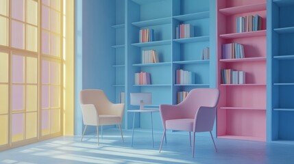Pastel Minimalist Room Two Chairs, Bookshelves, Window Light, 3D Render, Interior Design pastel interior, minimal design