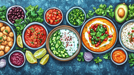 A colorful hand-drawn vegan food banner showcasing Middle Eastern dishes, ingredients, and healthy meal illustrations for menus and packaging