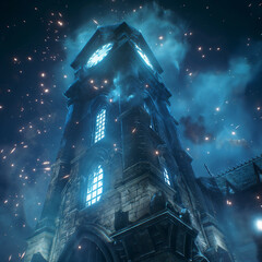 Gothic Clock Tower at Night: A captivating perspective of an ancient, imposing gothic clock tower against a dramatic night sky. The illuminated clock face glows with an otherworldly light.