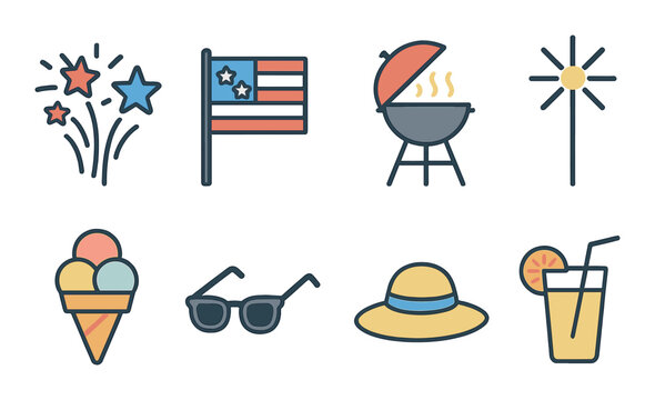 Holiday celebration icons set – outline, festive summer and vacation symbols - Powered by Adobe