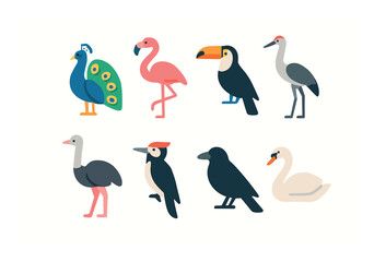 Bird icons set - flat, colorful wildlife and avian symbols for biodiversity themes