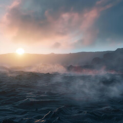 Obraz premium Dawn of Serenity: The sun emerges in a symphony of color and light over a steaming, moody landscape, imbuing the scene with an atmosphere of calm and tranquility.