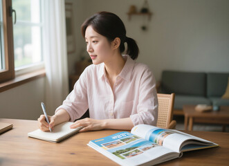 젊은 주부 책상 공부 교육 가정 학습, Young Housewife Desk Study Education Home Learning