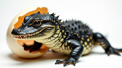 Fototapeta premium Newly hatched baby alligator with front legs still in cracked leathery egg during early morning hours in a natural habitat