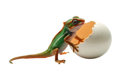 Newborn chameleon emerges from egg with colorful skin and curled tail in natural habitat