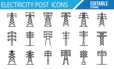 Collection of Electricity Post and Power Line Icons for Energy Design