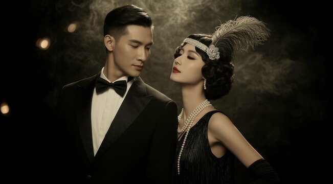 Elegant couple in vintage attire with dramatic lighting and style