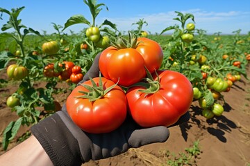 Freshly harvested tomatoes in the hands of a farmer