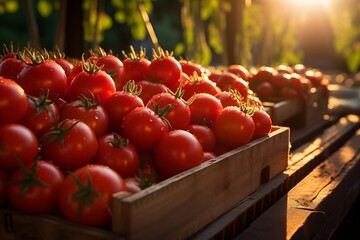 Freshly harvested tomatoes in wooden crates, several crates lined up.