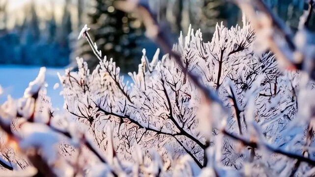 Frozen bramble branches coated in snow and ice crystals, capturing sunlight with a soft, blurry background in a scenic winter landscape