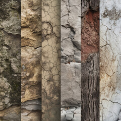 Diverse Textures of the Earth: A striking vertical composition showcasing the rich variety of textures found in nature's raw materials, from cracked clay to weathered wood.
