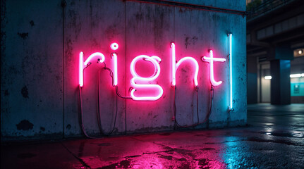 AI Generated Neon "Right" Sign in Urban Night Setting