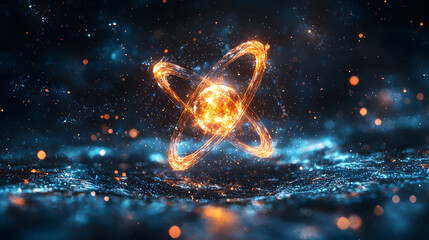 A vibrant, cosmic atom with glowing orbits against a starry background