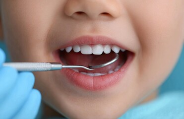 Close-up of a child with an open mouth, with a dentist performing a checkup on their teeth
