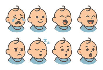 Baby emotion icons set – outline, expressive infant faces and mood symbols