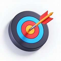 A three-dimensional target icon rendered in vibrant detail features an arrow piercing a bullseye symbolizing accuracy and precision