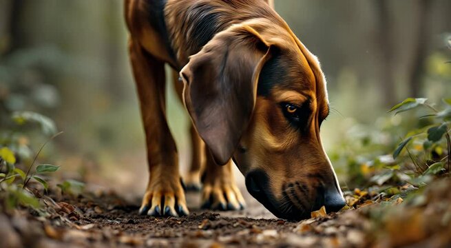 Focused bloodhound dog diligently sniffs the ground on a forest path, showcasing its tracking skills and keen sense of smell in the natural environment.
