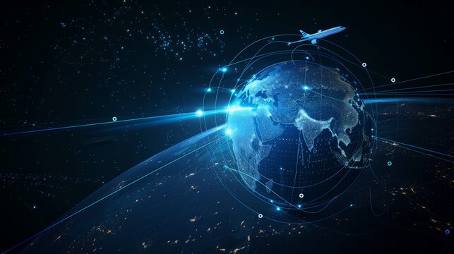 global network, digital globe, airplane, flight path, futuristic world map, data visualization, air travel, global connection, aviation technology, glowing earth, connected world, flight route, intern - Powered by Adobe