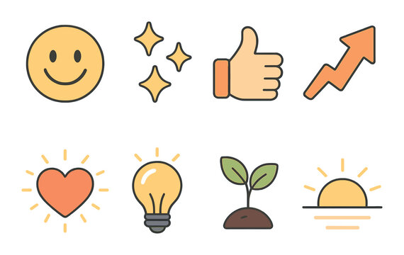 Positive icons set – outline, motivational and uplifting symbol collection