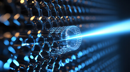 Fiber Optic Cable Transmitting Blue Light