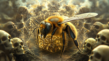A bee perched on a honeycomb surrounded by human skulls in a dark, eerie setting.