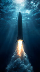 Rocket Launching from Underwater with Bright Flames and Bubbles