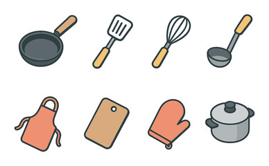Cooking and kitchen icons set &ndash; minimalist, flat style for culinary tools and utensils
