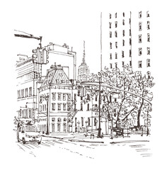Architecture illustration. Travel sketch of West Village, New York, USA. Liner sketches architecture of the street and Empire State Building. Freehand drawing. Line art drawing with a pen on paper. © Catherine