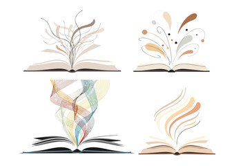Open book illustration with floating abstract lines, symbolizing discovery and learning