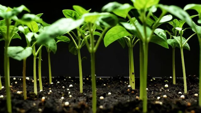 Small green seedlings sprouting in dark soil with perlite on a black background, representing new life and growth.
