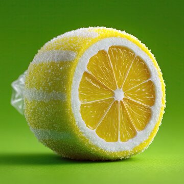 Imagen conceptual medio lim&oacute;n amarillo azucarado en forma de caramelo, primer plano, sobre fondo verde oscuro, remedio tos, malestar, chuche