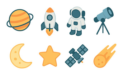 Space exploration icons set – flat, cosmic and astronomy themed vector symbols