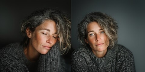 Mujer madura, dual, media edad, 50s 60s, tranquila triste melancólica, con ojos cerrados y mirando a cámara, gesto, pose, emociones, seguridad, cuidado, salud, mente cuerpo, belleza, soledad, frio
