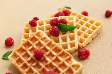 Sweet Belgian waffles with fresh raspberries and mint on brown background