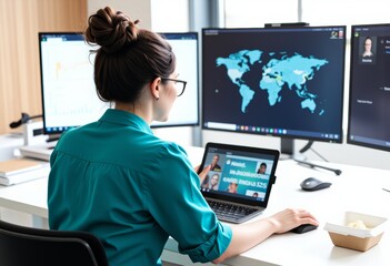 Businesswoman Working Remotely Video Conference Global Map Laptop Teal Shirt