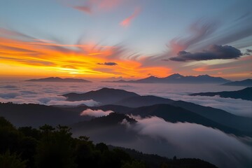 Obraz premium A stunning landscape photograph taken from a bird's eye view, showcasing a breathtaking view of a mountain range covered in dense fog during sunset. the sky is a beautiful mix of oranges, pinks, and p