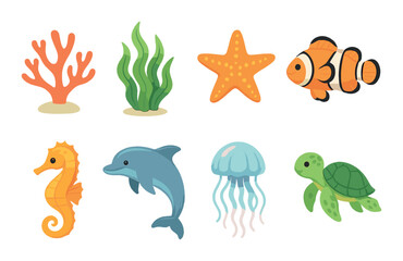 Aquatic life icons set &ndash; flat, marine and oceanic creature symbols for design