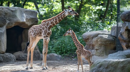 Adult and baby giraffe standing in a zoo enclosure with rocks and trees.
