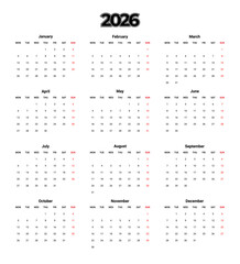 2026 calendar template vector editable.