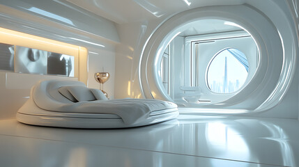 Futuristic Interior with Curved Window and Sleek Bed Design