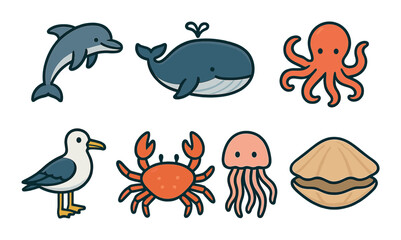 Naklejka premium Marine creature icons set – flat, ocean life and aquatic animals symbols