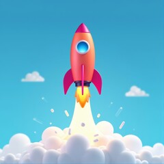A vibrant pink and yellow rocket poised on a launchpad of swirling smoke ascends into the azure sky symbolizing rapid advancement innovation and the boundless potential of a startup