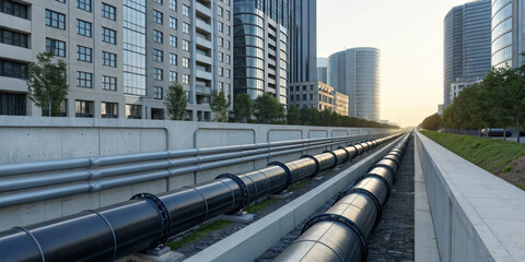 Futuristic smart drainage pipes run through modern cityscape with tall glass buildings, concrete structures, and green trees, symbolizing urban infrastructure innovation