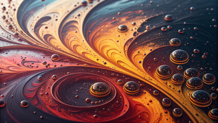 Abstract composition of vibrant liquid oil swirling, featuring orange, yellow, and red tones with glossy bubbles, creating dynamic, energetic, and mesmerizing visual effect
