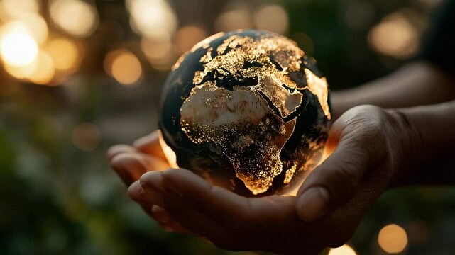Hands gently holding a small golden black Earth model symbolizing global care environmental awareness sustainability hope and unity in protecting our fragile planet in soft natural light