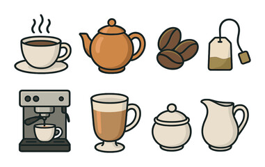Coffee and tea icons set – outline, beverage, caffeine symbols for digital design