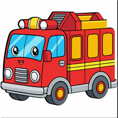 Cartoon funny transport fire engine. Children's picture. Suitable for children's books, educational poster, logo and encyclopedias. Isolated vector illustration on white background.