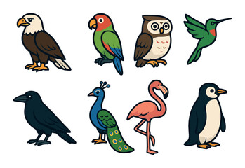 Obraz premium Colorful bird icons set – flat, simple and vibrant avian design elements