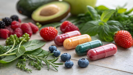 Colorful vitamin capsules surrounded by fresh berries, leafy greens, avocado, and herbs on wooden table, representing healthy nutrition and natural supplements