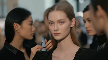 Model getting makeup applied backstage at fashion show, close up view